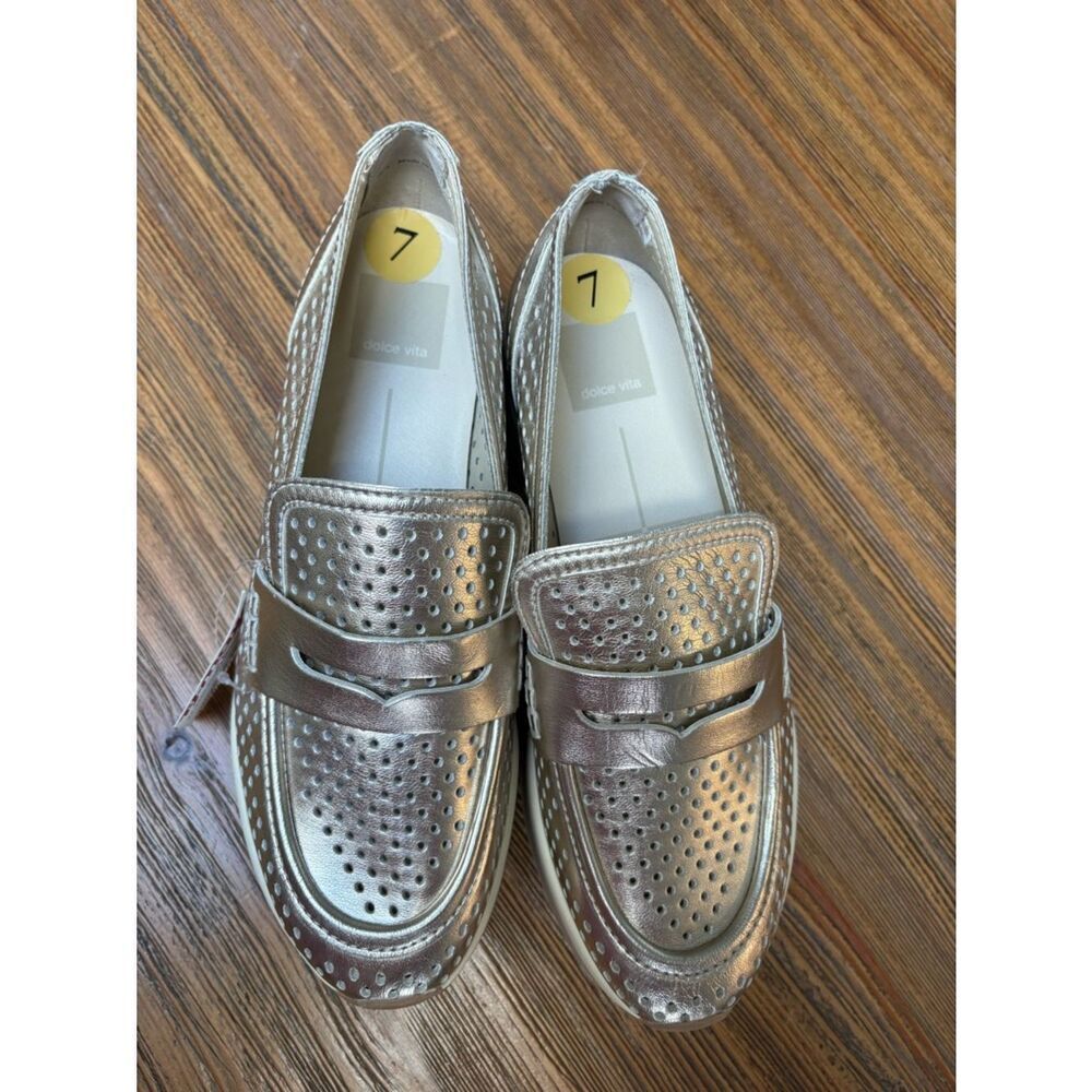 Dolce Vita Champagne Metallic Perforated Platform Loafers - Picture 11 of 13